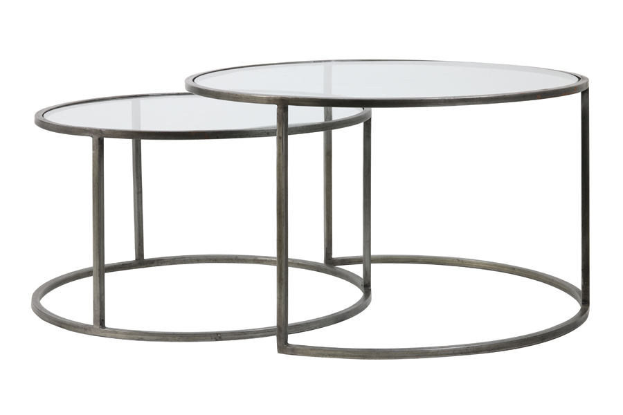Coffee table S/2 Ø65x39+Ø75x44 cm DUARTE glass-vintage tin