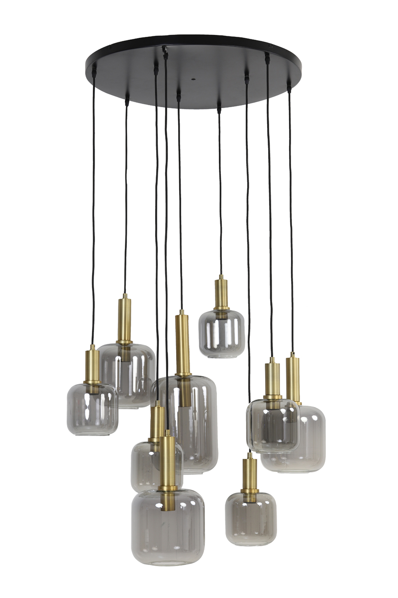 Hanging lamp 9L Ø83,5x79,5 cm LEKAR antiq bronze+smokd glass