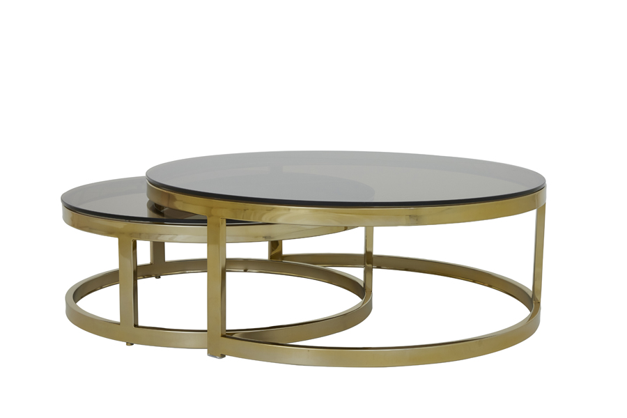 Coffee table S/2 Ø80x30,5+Ø100,5x36,5 cm MILAGRO gl brw+l gd