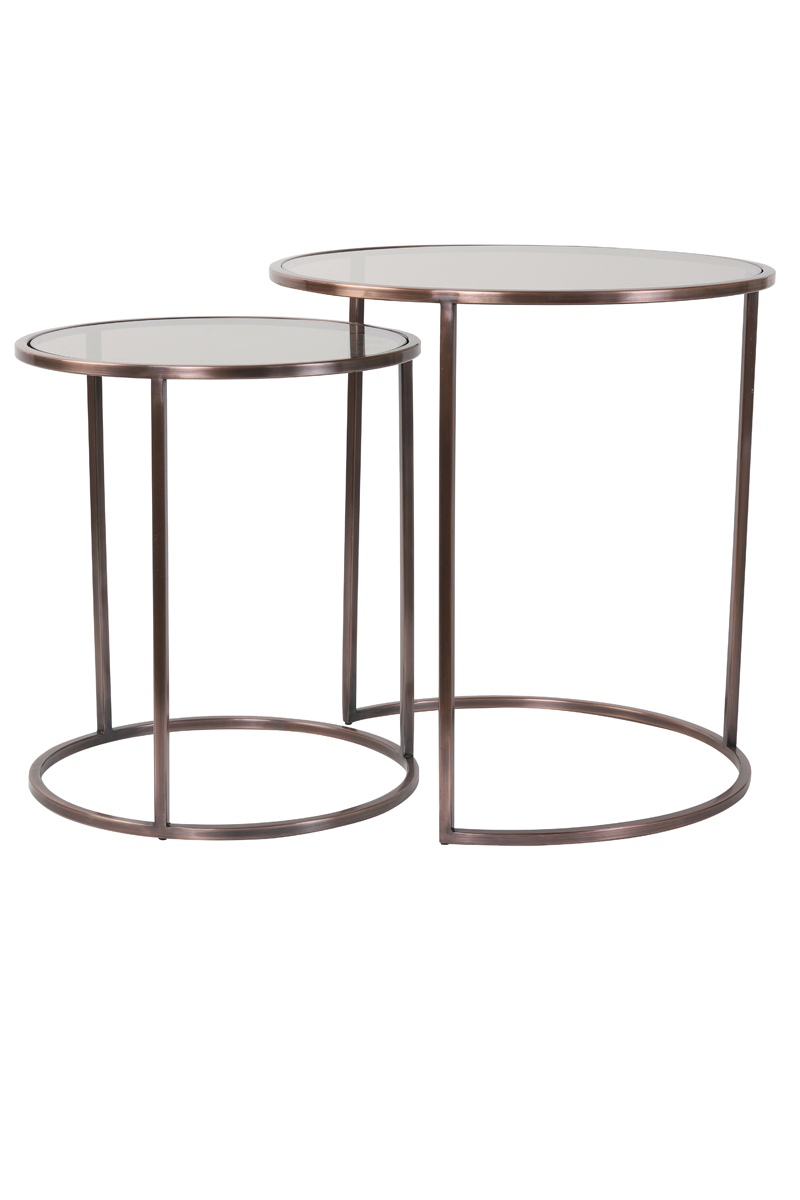 Side table S/2 Ø40x45+Ø50x52 cm DUARTE gls brown+ant copper