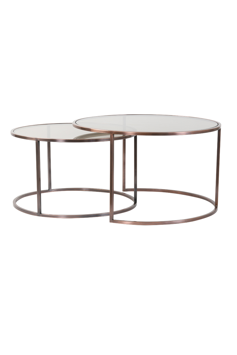 Coffee table S/2 Ø65x39+Ø75x44 cm DUARTE gls brwn+ant copper