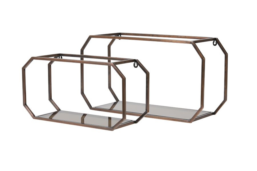 Wall rack S/2 58x20x30+70x29x38 cm MUKSI gls brwn+ant copper