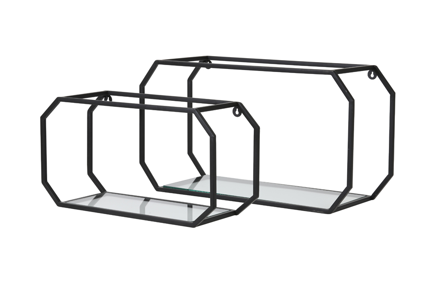 Wall rack S/2 58x20x30+70x29x38 cm MUKSI glass+black