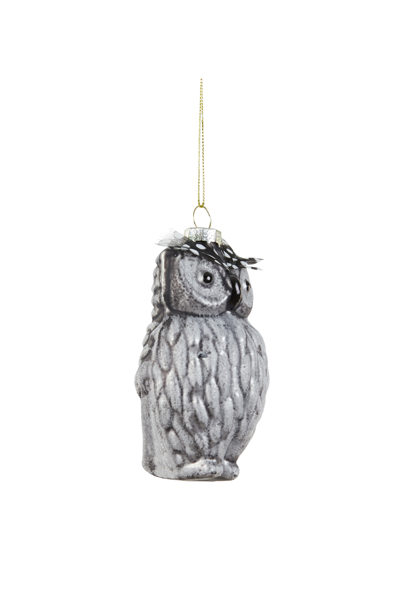 Ornament hanging Ø6,5x11 cm OWL glass dark brown+white