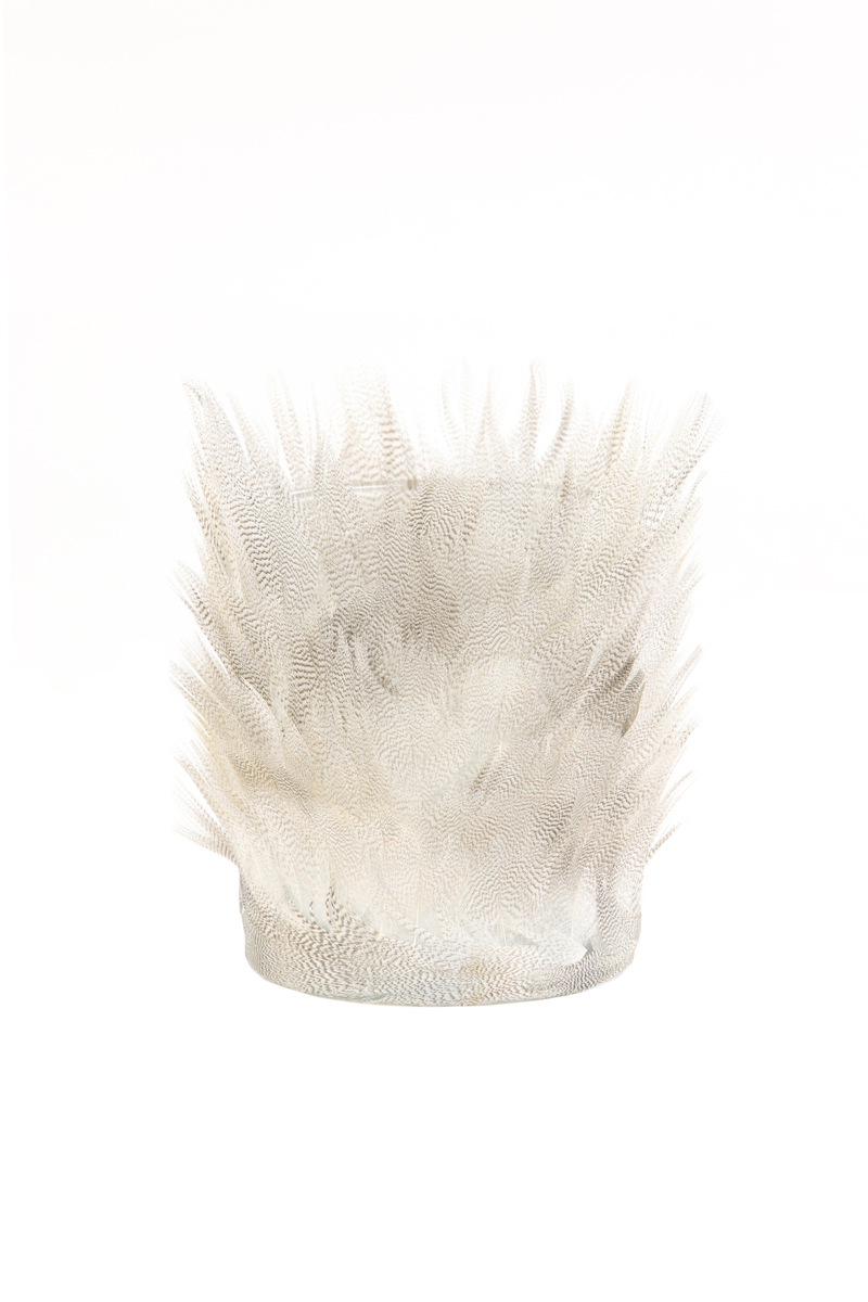 Tealight Ø7,5x9 cm FEATHER glass light grey brown