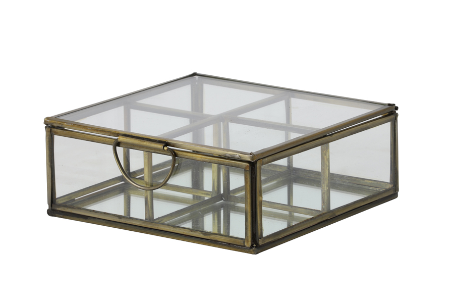 Deco box 4 comp. 14x14x5,5 cm ALEXANDRA antique bronze+glass