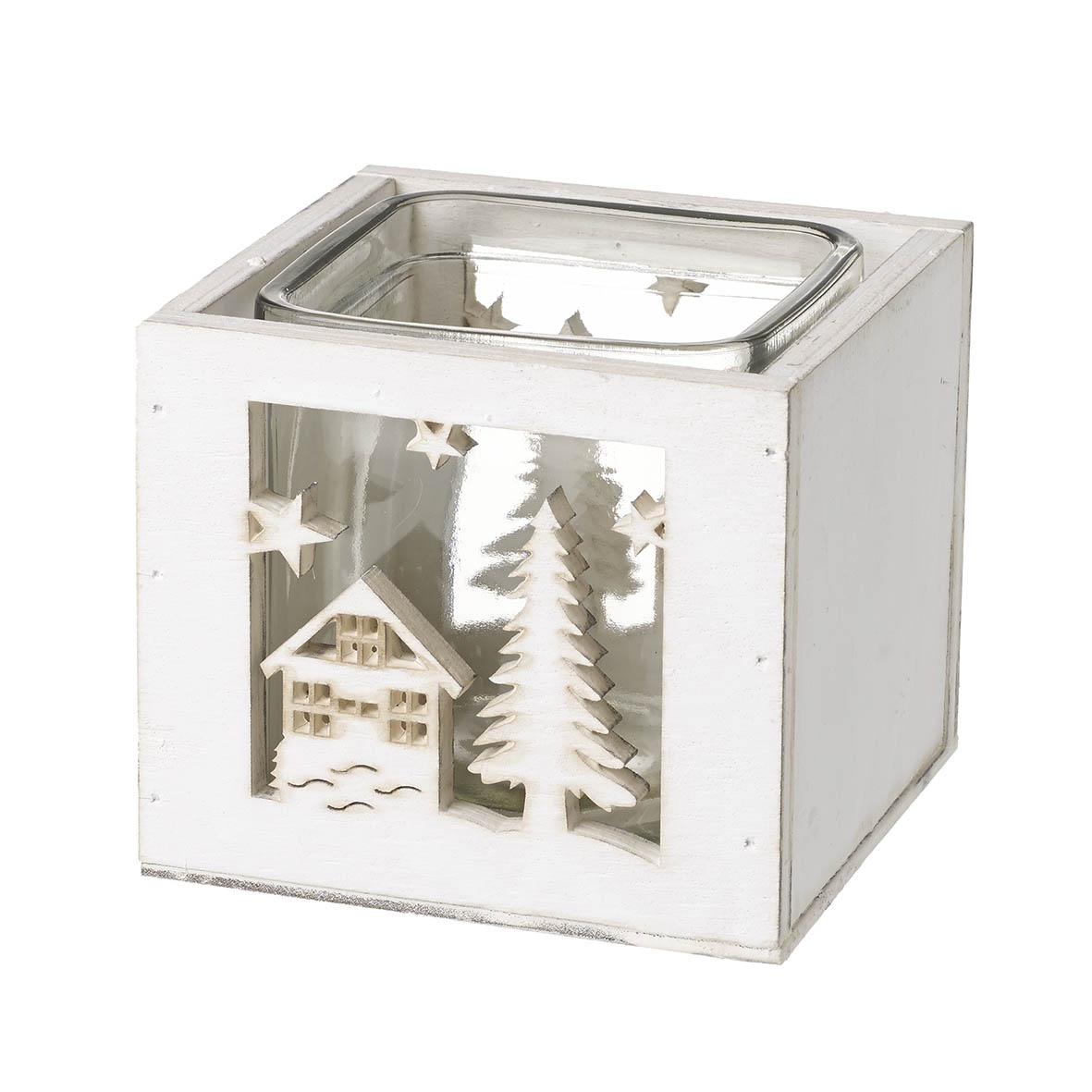 Tealight holder 9,5x9,5x8 cm CHRISTMAS SCENE white