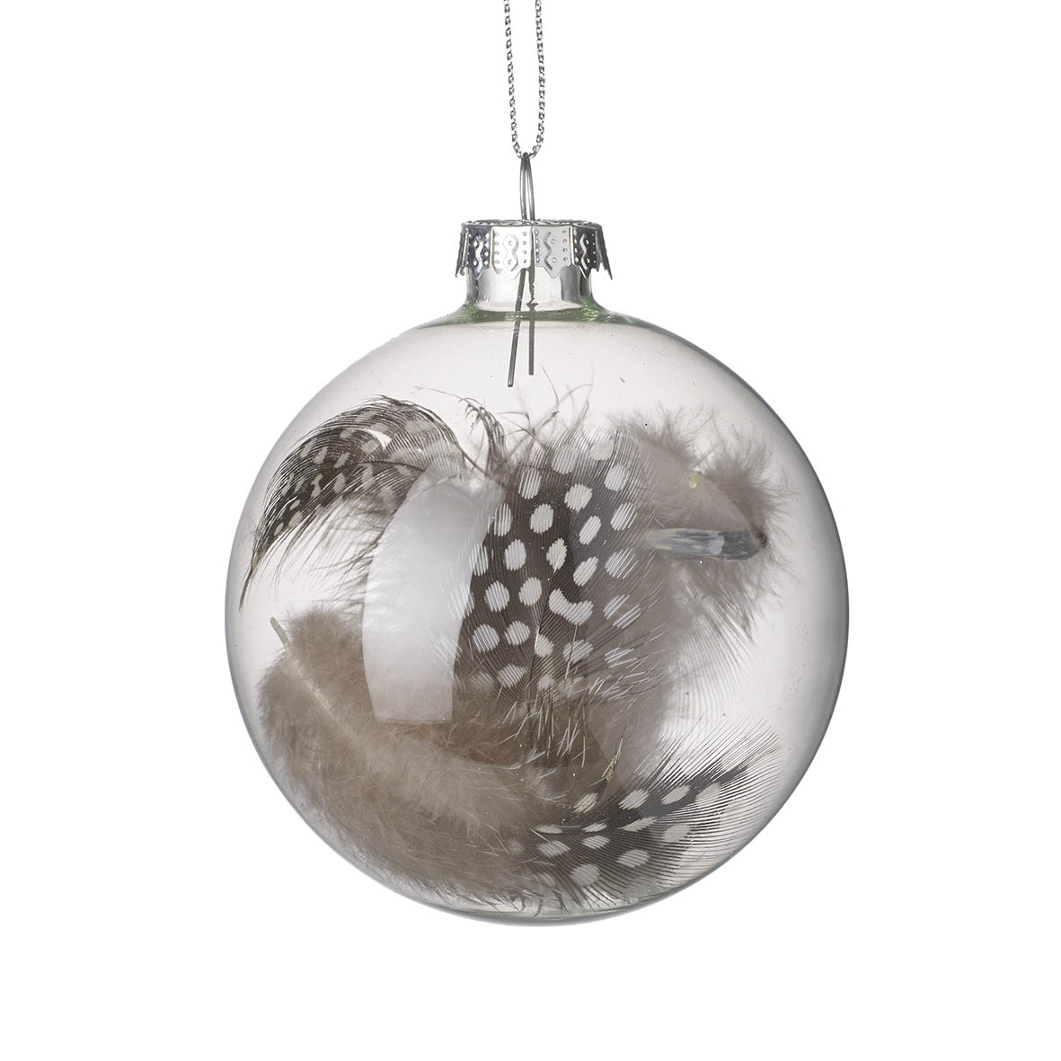 Bauble Ø8x8 cm SPOTTED FEATHER FILLED glass