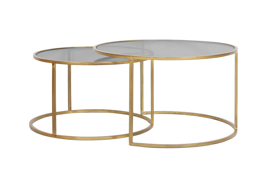 Coffee table S/2 Ø65x39+Ø75x44 cm DUARTE smoked glass-gold
