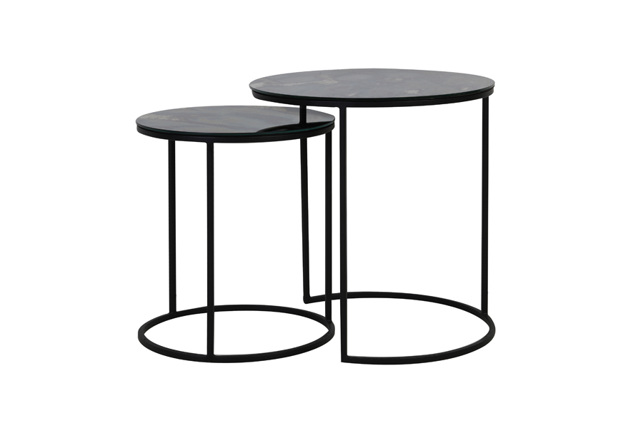 Side table S/2 Ø40x45+Ø50x52 cm TABUN glass antiq-matt black